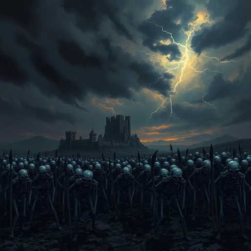 A desolate, dark battlefield at dusk dominates the scene. A looming castle sits in the distance, silhouetted against a stormy sky with lightning illuminating the dark clouds. A massive army of skeletons marches in the foreground, their skeletal forms stark against the ominous landscape. The artwork features a dark fantasy style with muted colors and an overall eerie atmosphere, rendered with high detail.