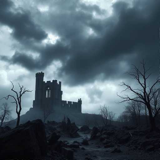 A desolate, gothic castle perches on a bleak hill under a stormy sky. Jagged rocks and skeletal, bare trees populate the landscape, shrouded in a hazy mist. The scene is monochromatic, with dark, muted tones creating a foreboding atmosphere.
