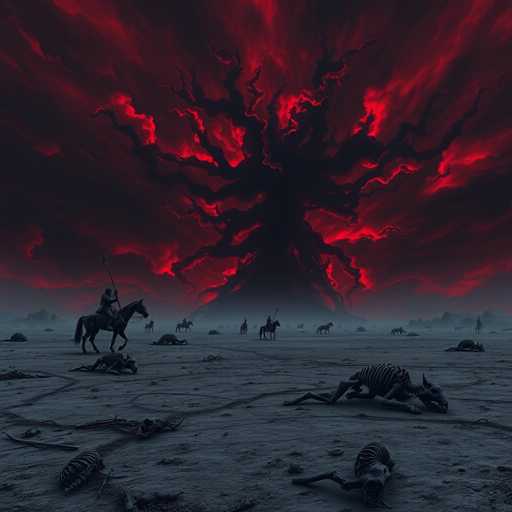 The image depicts a group of people riding horses and walking through a barren landscape under a dark sky with red clouds. The scene is dominated by the silhouettes of the riders and their horses against the backdrop of a large tree in the center.