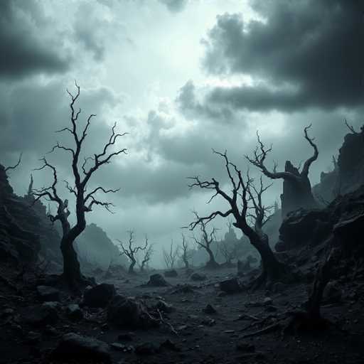 A desolate, eerie landscape unfolds under a stormy sky. Twisted, black rock formations dominate the scene, with skeletal, withered trees reaching towards a grey, misty horizon. The overall style is dark and atmospheric, creating a sense of foreboding and isolation.