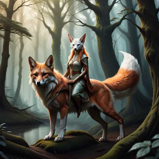 The image depicts a fox and a woman on horseback in a forest setting. The fox is brown with white ears and eyes, while the woman is wearing a green dress and has red hair. They are standing on a rock surrounded by trees and bushes.