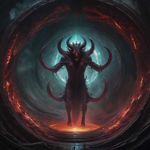 The image depicts a large, dark-skinned creature with horns and red eyes standing in the center of a circular tunnel filled with flames. The creature is facing towards the right side of the image, creating an intense atmosphere. The background features a mix of red and blue hues, adding to the overall darkness of the scene.