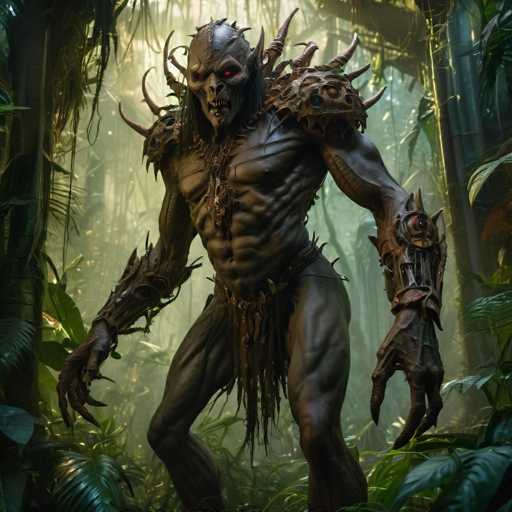 The image depicts a creature with large horns and a body covered in spikes, standing in the center of a dense jungle filled with tall trees and lush vegetation. The creature is facing towards the right side of the image, giving an impression that it's ready to charge or defend itself from any potential threats.