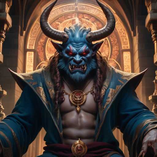The image depicts a blue-faced monster with horns and a red eye, seated on a throne within an ornate room. The monster is wearing a gold and red robe and has a large gold medallion around its neck. The background features a large archway adorned with intricate designs, adding to the grandeur of the scene.