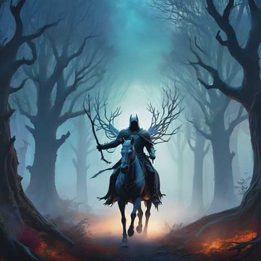 A knight on horseback is riding through a dark forest at night. The knight is wearing a black suit and helmet with a silver emblem on the chest. The horse has a long tail that sways in the wind as it gallops forward. The trees surrounding them are tall and leafless, casting an eerie shadow over the scene.