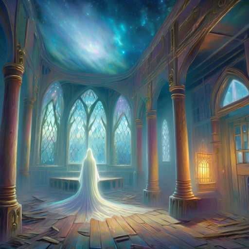 The image depicts an ethereal scene within a castle-like building with large arched windows and stone columns. The room is bathed in the soft glow of candlelight, creating an atmosphere of mystery and tranquility. A figure dressed in a white gown stands alone on a wooden floor, their gaze directed towards the ceiling where stars twinkle like diamonds against the night sky.

The style of the image can be described as surreal or dreamlike, with elements that defy conventional reality. The use of color is minimalistic, with shades of blue and green dominating the scene, creating an otherworldly ambiance.