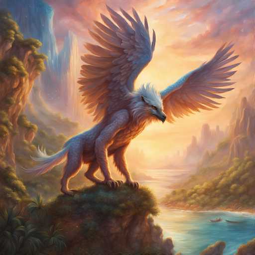 The image depicts a majestic white bird with wings spread wide and a long tail, standing on the edge of a cliff overlooking a serene body of water below. The sky above is painted in warm hues of orange and yellow, creating a breathtaking backdrop for this scene. In the distance, there are mountains rising against the horizon, adding depth to the image.