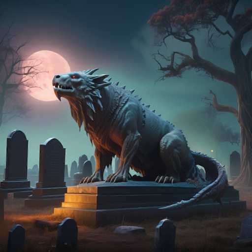 The image depicts a large stone statue of a dragon sitting atop a stone pedestal within an eerie graveyard setting. The dragon is depicted with sharp teeth and claws, giving it a menacing appearance. The graveyard features several gravestones scattered throughout the area, adding to the atmosphere of the scene. In the background, a full moon can be seen, casting an ethereal glow over the entire scene.