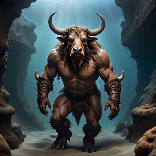 The image depicts a muscular bull standing on its hind legs with horns and antlers, facing the camera directly. The background features a cave-like structure made of rocks and boulders, suggesting an underground setting.