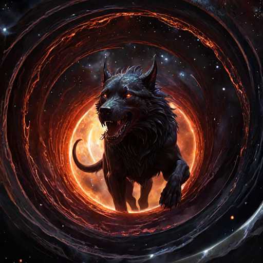 The image depicts a black wolf with glowing red eyes standing on its hind legs and facing the camera directly. The wolf is positioned centrally within a circular hole that appears to be made of fire or flames, creating an intense and dramatic atmosphere. The background features a dark sky filled with stars, adding depth and contrast to the scene.
