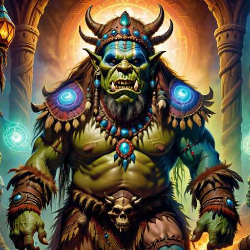 The image depicts a character with long hair and horns wearing a headdress adorned with blue jewels. The character is standing against the backdrop of a building with columns, suggesting an architectural setting. The character's attire includes a brown robe and a skull pendant around their neck.