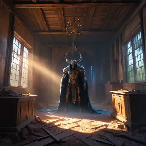 The image depicts a medieval-style room with wooden walls and flooring. At the center of the room stands a knight in full armor, including a blue cape and a helmet with a large horn on top. The knight is positioned facing towards the left side of the frame, with his back to the viewer. A chandelier hangs from the ceiling above him, casting light onto the scene below.