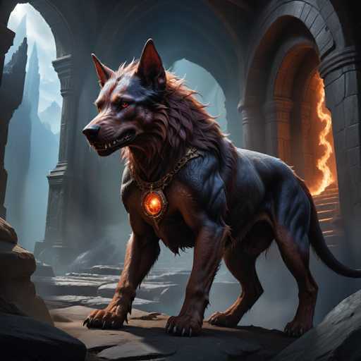 The image depicts a large, muscular wolf standing on a rocky surface with its mouth open and teeth showing. The wolf is wearing a golden collar around its neck, which glows under the light. In the background, there are stone walls and arches that add to the medieval atmosphere of the scene.