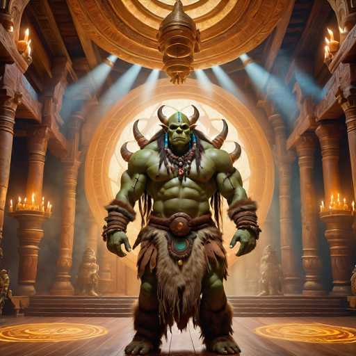 The image depicts a muscular green monster with horns standing on a wooden platform within an ornate room. The room is filled with numerous columns and statues, creating an atmosphere of grandeur and majesty. A large chandelier hangs from the ceiling, casting light onto the scene below.