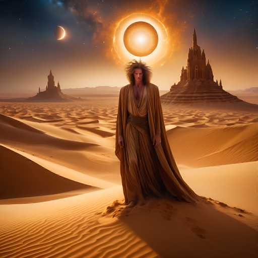 A man with long hair and a brown robe stands on a sand dune in the desert under a crescent moon and a bright sun.