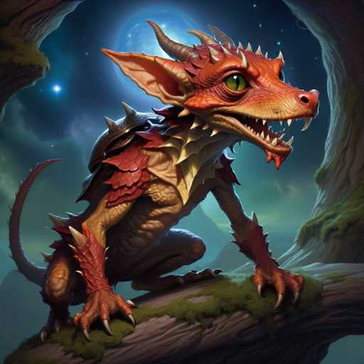 The image depicts a small red dragon with large horns and sharp teeth perched on the edge of a tree branch. The dragon is facing towards the right side of the frame, giving the impression that it's about to take flight or engage in some form of combat. The background features a dark green forest filled with trees and bushes, providing a stark contrast to the vibrant red color of the dragon.