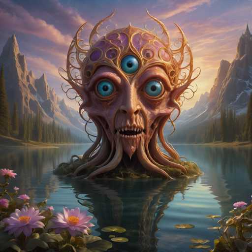 The image depicts an alien-like creature with a face and body made of twisted vines and leaves, standing on the shore of a lake surrounded by mountains and trees. The creature is facing towards the right side of the image.