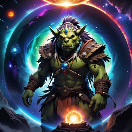 The image depicts a green monster with long hair and horns standing on a rock formation surrounded by other rocks. The monster is holding a golden orb in its left hand while wearing a necklace of blue and red beads around its neck. The background features a circular pattern filled with stars and planets, creating an otherworldly atmosphere.