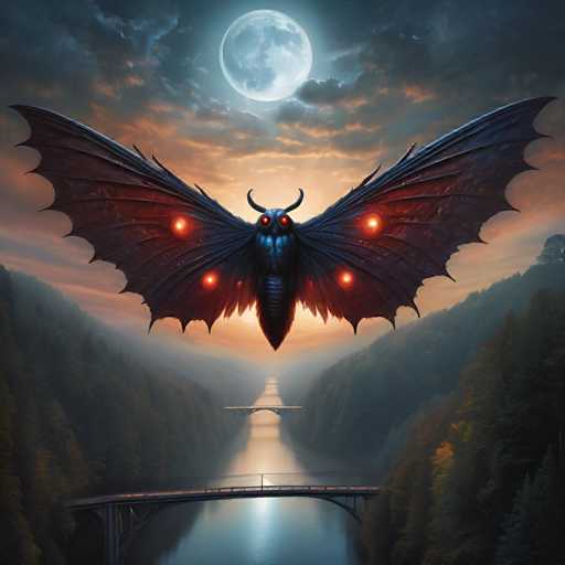 The image depicts a large black dragon-like creature with red eyes and horns flying over a river surrounded by trees and mountains under a full moonlit sky. The dragon is positioned centrally in the frame, creating a sense of balance between nature's elements.