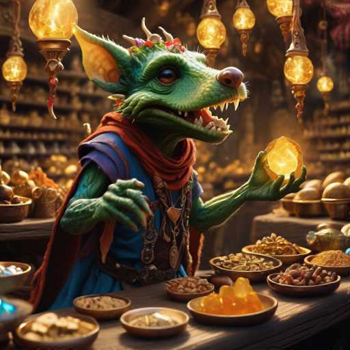 A green dragon with horns and a red scarf is standing on a wooden table holding a golden object above its head. The table is covered with various bowls of food, including nuts and fruits.