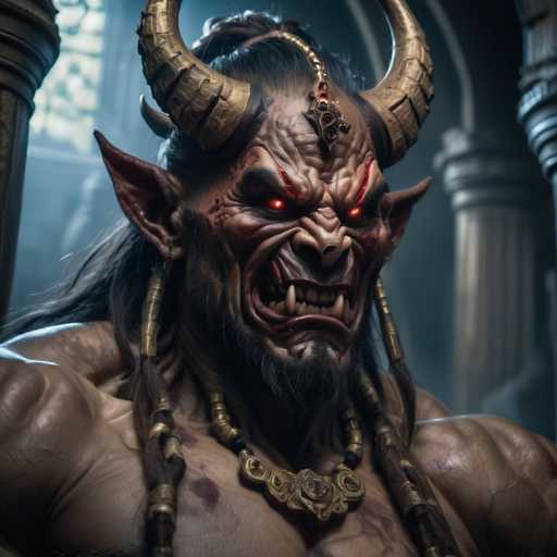 The image depicts a detailed and realistic rendering of a monster with long horns and a red eye, wearing a gold necklace and holding a sword. The monster is positioned against the backdrop of an archway or doorway, suggesting it may be entering or exiting a room.
