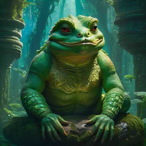The image depicts a green frog statue sitting on a rock in a forest setting. The frog is facing the camera with its eyes closed and appears to be smiling.