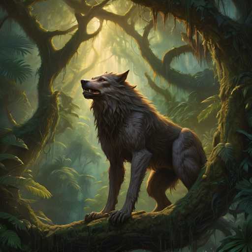 The image depicts a majestic gray wolf standing on its hind legs and looking towards the right side of the frame. The wolf is surrounded by an abundance of green foliage, suggesting it's in a dense forest or jungle setting.