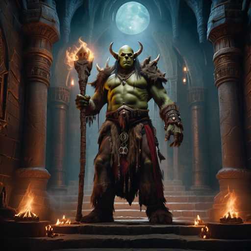 The image depicts a green monster with horns and a red skirt standing on a set of stairs leading up to a large stone archway. The monster is holding a staff aloft, and the background features a large circular window with a blue moon visible through it.