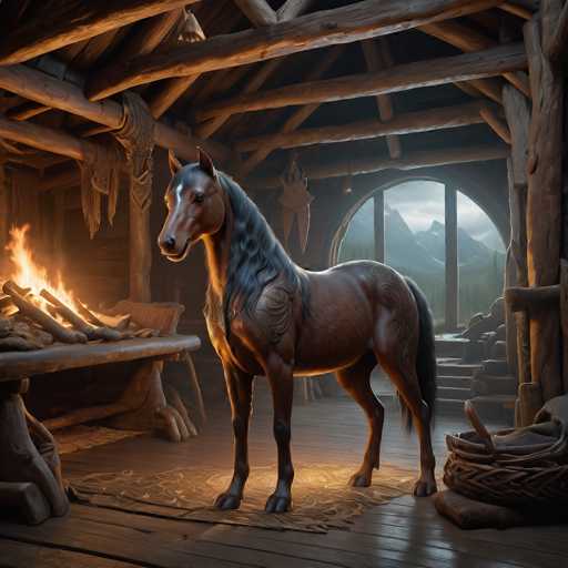 The image depicts a wooden cabin with a horse standing on a rug inside the room. The horse has a brown coat and is facing towards the right side of the frame. In front of the horse, there are two pieces of furniture - a table and a bench. A window can be seen in the background, allowing natural light to enter the space.