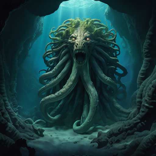 The image depicts a large green monster with long tentacles and fangs, standing on the ocean floor surrounded by rocks and coral reefs. The creature is facing towards the left side of the frame, giving an impression that it's ready to attack or defend itself.