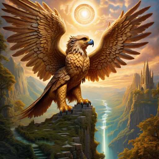 The image depicts a majestic golden eagle perched on a cliff overlooking a river below. The eagle's wings are spread wide as it faces the camera directly with its gaze unwavering. In the background, there is a castle and trees that add to the picturesque scene.