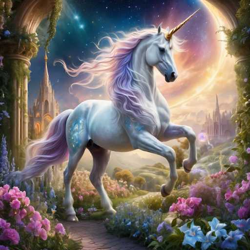 The image depicts a white unicorn with long, flowing hair and a large horn on its head, standing majestically in the center of a garden filled with vibrant flowers and lush greenery. The unicorn is positioned facing to the right side of the frame, with a castle-like structure visible in the background.