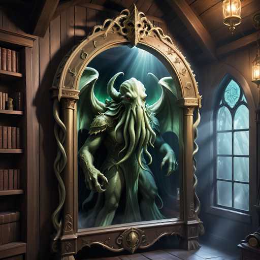The image depicts an ornate wooden room with a large window on the right side that allows natural light to enter. The room is filled with bookshelves and a chandelier hanging from the ceiling. In the center of the room stands a statue of a creature resembling a dragon or phoenix, which appears to be made of stone and has wings spread out in an impressive display.