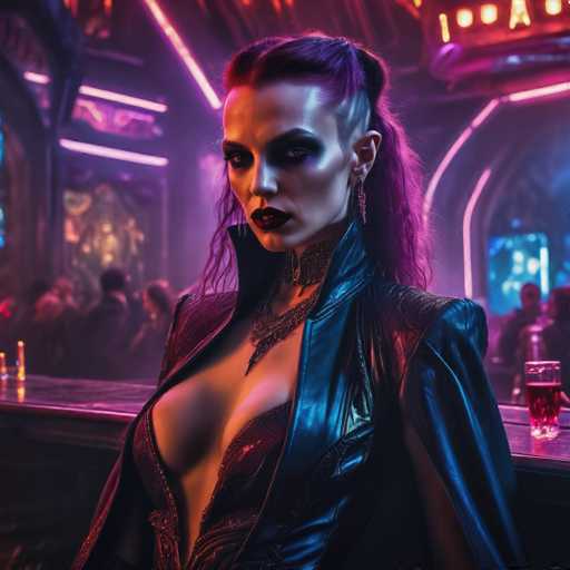 The image depicts a woman with long purple hair wearing a black leather jacket and red lipstick standing at the bar of a nightclub. She is holding a glass filled with a drink. The background shows other patrons enjoying their time in the club, creating an atmosphere of socializing and entertainment.