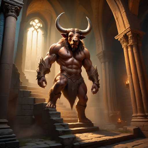 The image depicts a muscular man with horns standing on a set of stairs leading up to an arched doorway. The man is wearing armor and has a beard, giving him a fierce appearance. The setting appears to be a castle or fortress-like structure, suggesting a medieval or historical context.