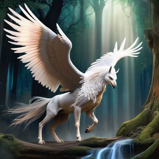 The image depicts a majestic white bird with wings spread wide and a long tail flowing behind it as it stands on one leg atop a rock formation. The background is filled with trees and foliage, creating an impression of the bird being in a forest or wooded area.