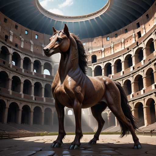 The image shows a statue of a horse standing on a circular platform within the Colosseum in Rome, Italy. The horse is brown and has long hair flowing down its back. The stone structure of the Colosseum forms the backdrop for this scene.