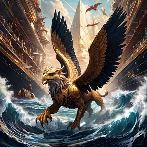 The image depicts a majestic eagle with its wings spread wide and talons extended, standing on the edge of a body of water. The background shows a cityscape with buildings and boats, suggesting an urban setting.