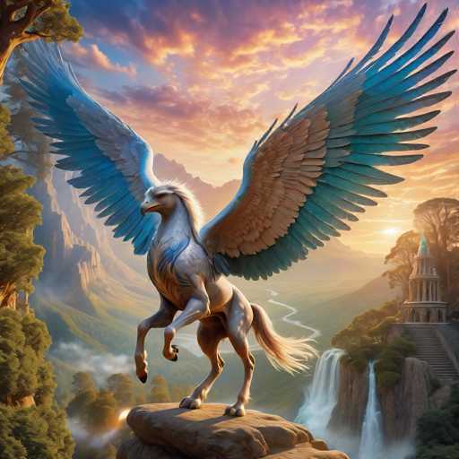 The image depicts a majestic white and blue bird-like creature with wings spread wide as it stands on a rock formation overlooking a waterfall. The creature is positioned centrally within the frame, drawing the viewer's attention to its striking features. In the background, there are trees and mountains that add depth and context to the scene.