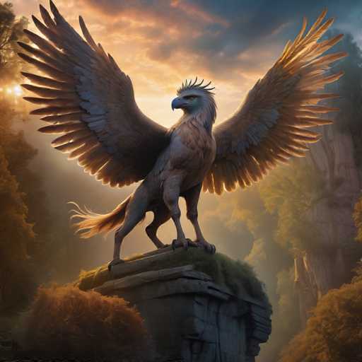 The image depicts a majestic eagle perched on a rock formation in a forest setting. The eagle has its wings spread wide and is facing towards the right side of the frame. The background features trees and foliage, creating a sense of depth and natural beauty.