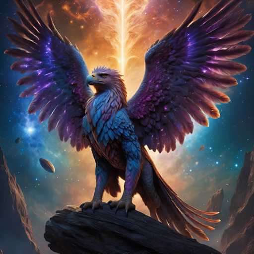 The image depicts a majestic blue and purple eagle standing on a rock formation with its wings spread wide open as it faces the camera. The background is filled with stars and planets, creating an otherworldly atmosphere.