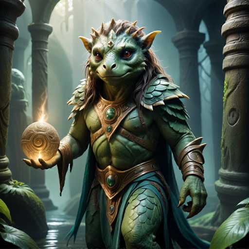 A green dragon statue is holding a golden orb in its right hand and standing on a rock surrounded by lush greenery. The dragon's wings are spread wide as it faces the camera directly with an intense gaze.