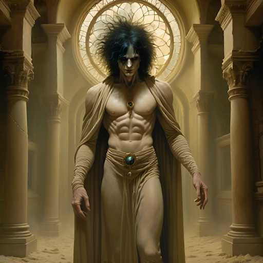 The image depicts a muscular man with black hair and an eerie green skinned face standing in front of a large window adorned with intricate designs. The man is dressed in a flowing robe that contrasts with the surrounding darkness. The background features columns and arches, adding to the overall sense of mystery and grandeur.