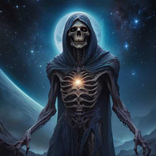 The image depicts a skeleton with a blue robe and a large heart-shaped emblem on its chest, standing against the backdrop of a starry night sky. The skeleton is positioned centrally within the frame, drawing attention to itself as the main subject. The background features a vast expanse of space filled with stars, adding depth and emphasizing the scale of the scene.