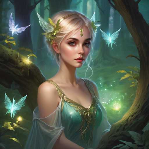 A woman with blonde hair and blue eyes is the central figure in a fairy tale forest setting. She wears a gold headpiece adorned with green leaves and a necklace of gold and white beads. The background features trees and bushes, creating an enchanting woodland atmosphere.