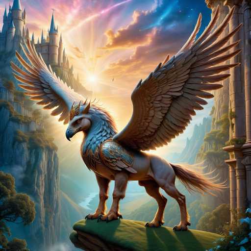 The image depicts a majestic white and brown bird-like creature with wings spread wide as it soars through the sky above a castle nestled amidst lush green mountains. The creature is positioned on a cliff overlooking a river below, creating a sense of grandeur and freedom. The setting sun casts a warm glow over the scene, enhancing the overall beauty and tranquility of the image.