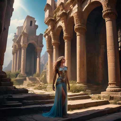 A woman dressed in a blue dress with gold accents is walking through an ancient ruins site, surrounded by stone columns and arches that appear to be in disrepair.