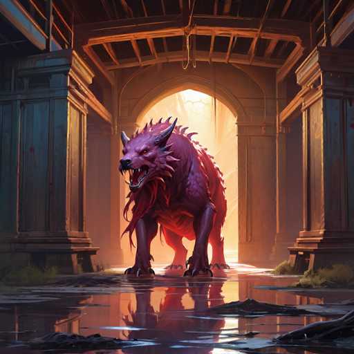 The image depicts a large, red dragon-like creature with sharp teeth and horns standing on its hind legs in the center of an archway. The creature is facing towards the right side of the image, giving the impression that it's about to pounce or attack something. The background features a stone wall adorned with columns, adding to the medieval atmosphere of the scene.