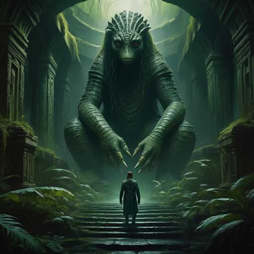 The image depicts a large green dragon statue with its mouth open and tongue sticking out, standing on a set of stairs leading up to an archway. A man is seen walking towards the dragon in front of the archway. The background features a dark and mysterious setting with trees and plants.