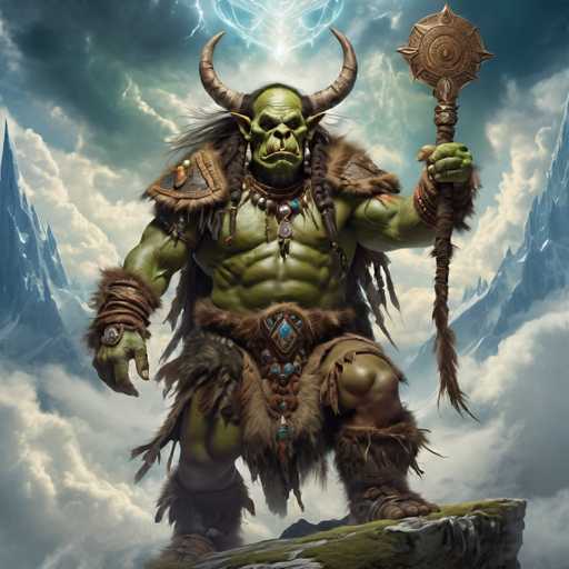 The image depicts a green monster with horns and a staff standing on a cliff overlooking a mountainous landscape. The monster is holding a staff in its right hand while wearing a fur-lined helmet adorned with jewels.